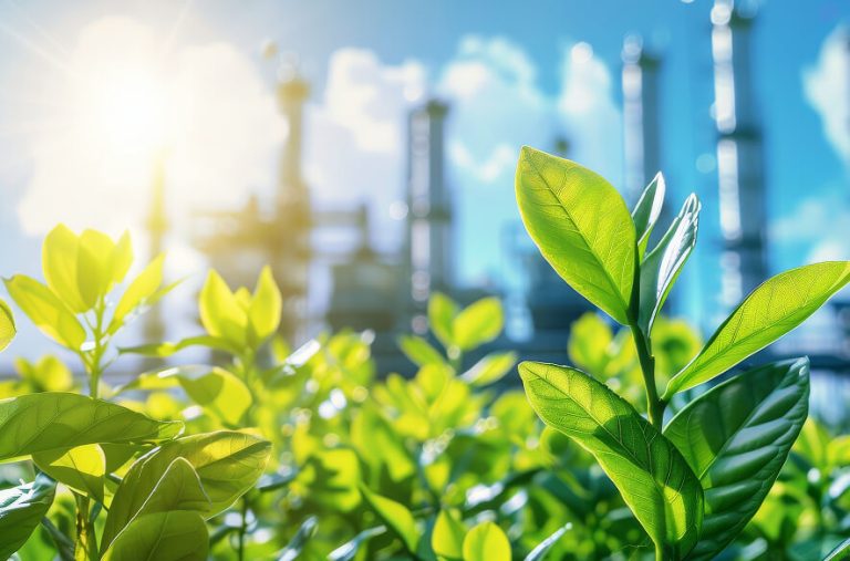 Vibrant green leaves in the foreground with a blurred industrial manufacturing facility and bright sun in the background.