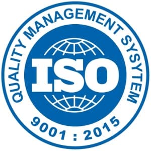 ISO 9001:2015 Quality Management System certification logo in blue and white.